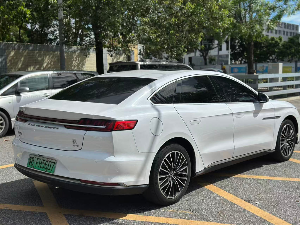 BYD Han DM rear three-quarter view, white exterior